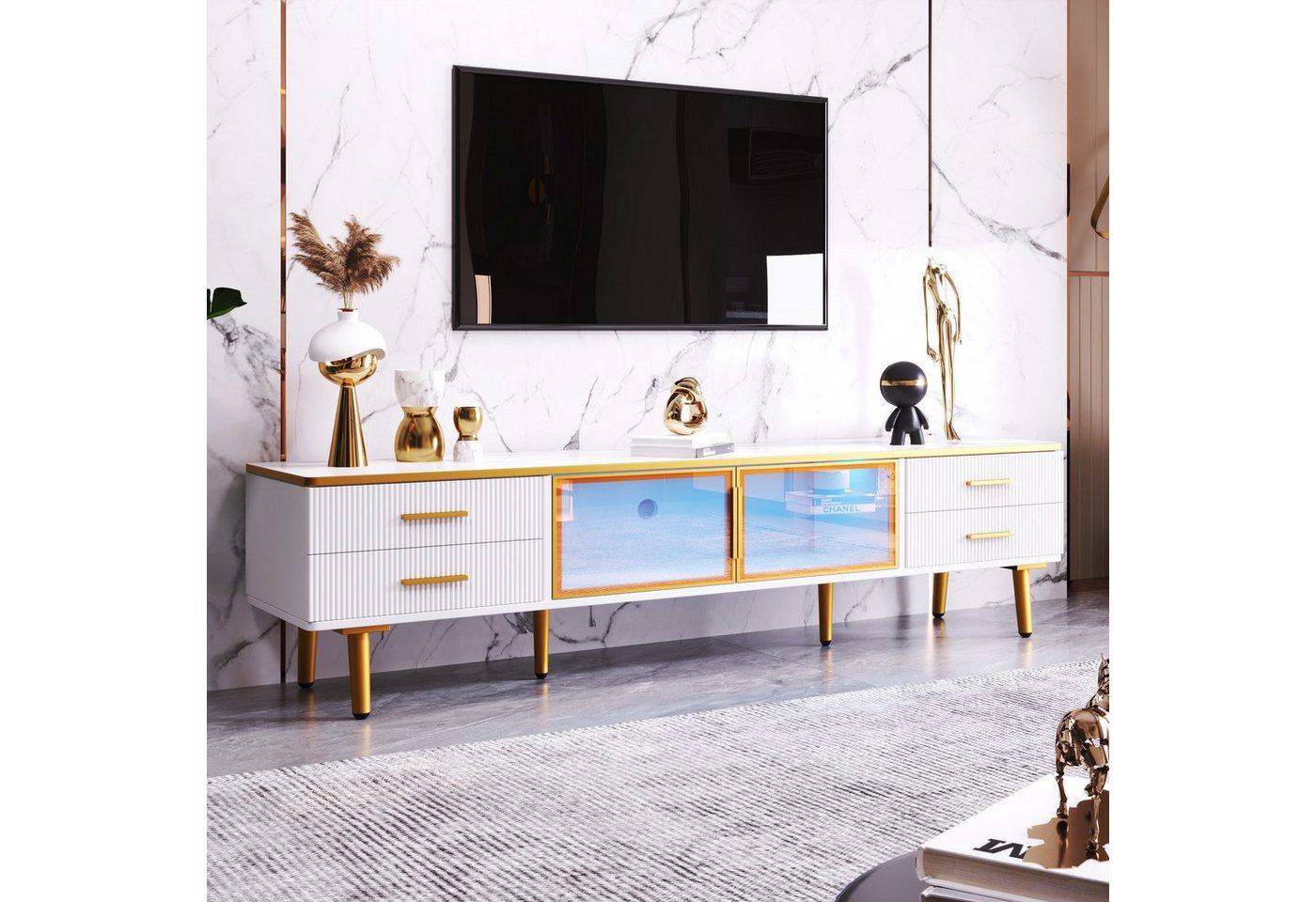 HAUSS SPLOE TV-Schrank TV-Lowboards TV Schrank Fernsehschrank TV-Tisch (Fernsehschrank TV-Lowboard Sideboard Beistellschrank modern, mit 4 Strukturierte Schubladen 4 Füßen) mit Goldenen Griffen und zwei Braune Türen aus Gehärtetem Glas von HAUSS SPLOE