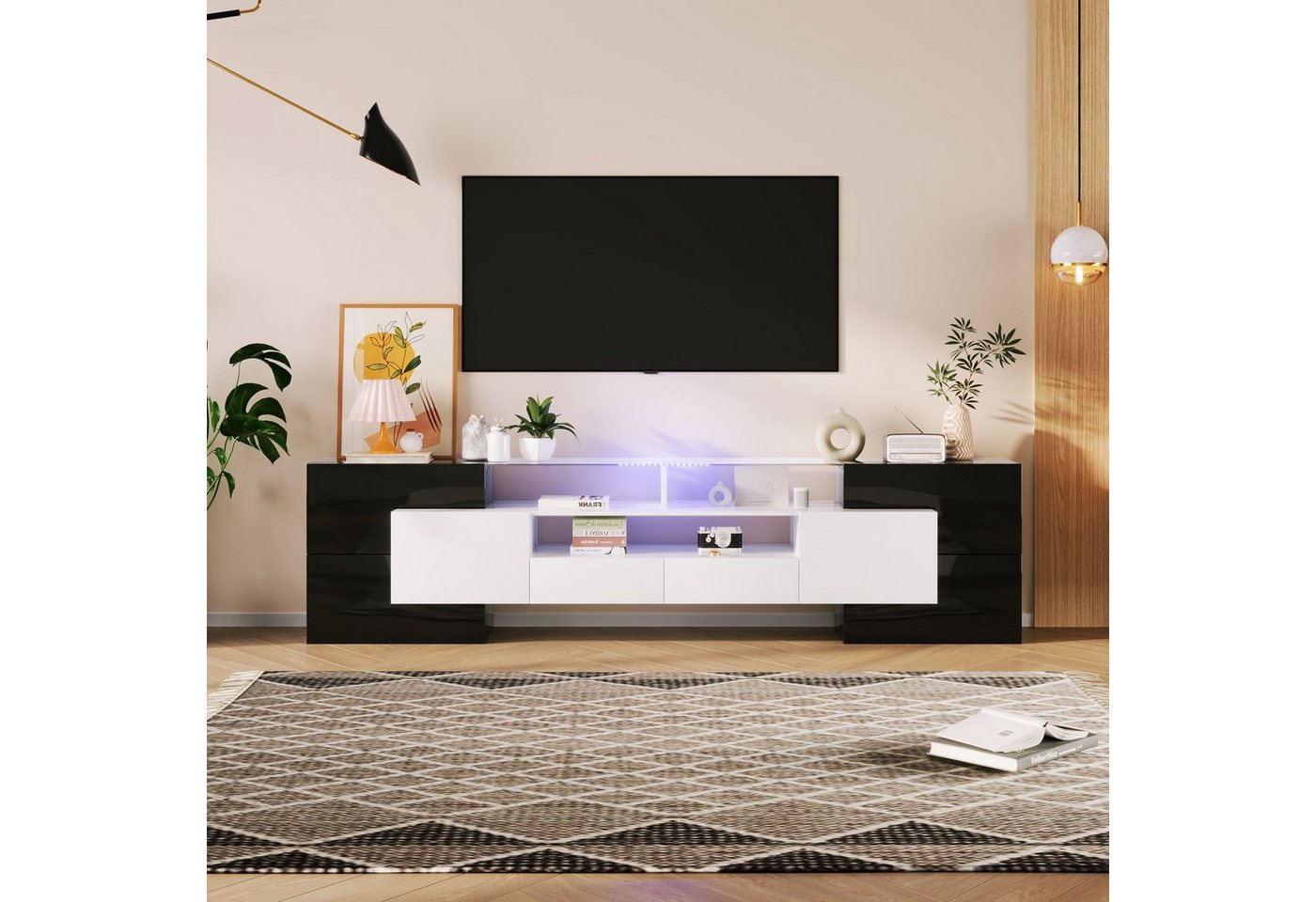 HAUSS SPLOE TV-Schrank TV-Lowboards TV Schrank Fernsehschrank TV-Tisch (Glasoberfläche, mit LED-Beleuchtung) Glasoberfläche, Hochglanz-Weiß und Schwarz von HAUSS SPLOE