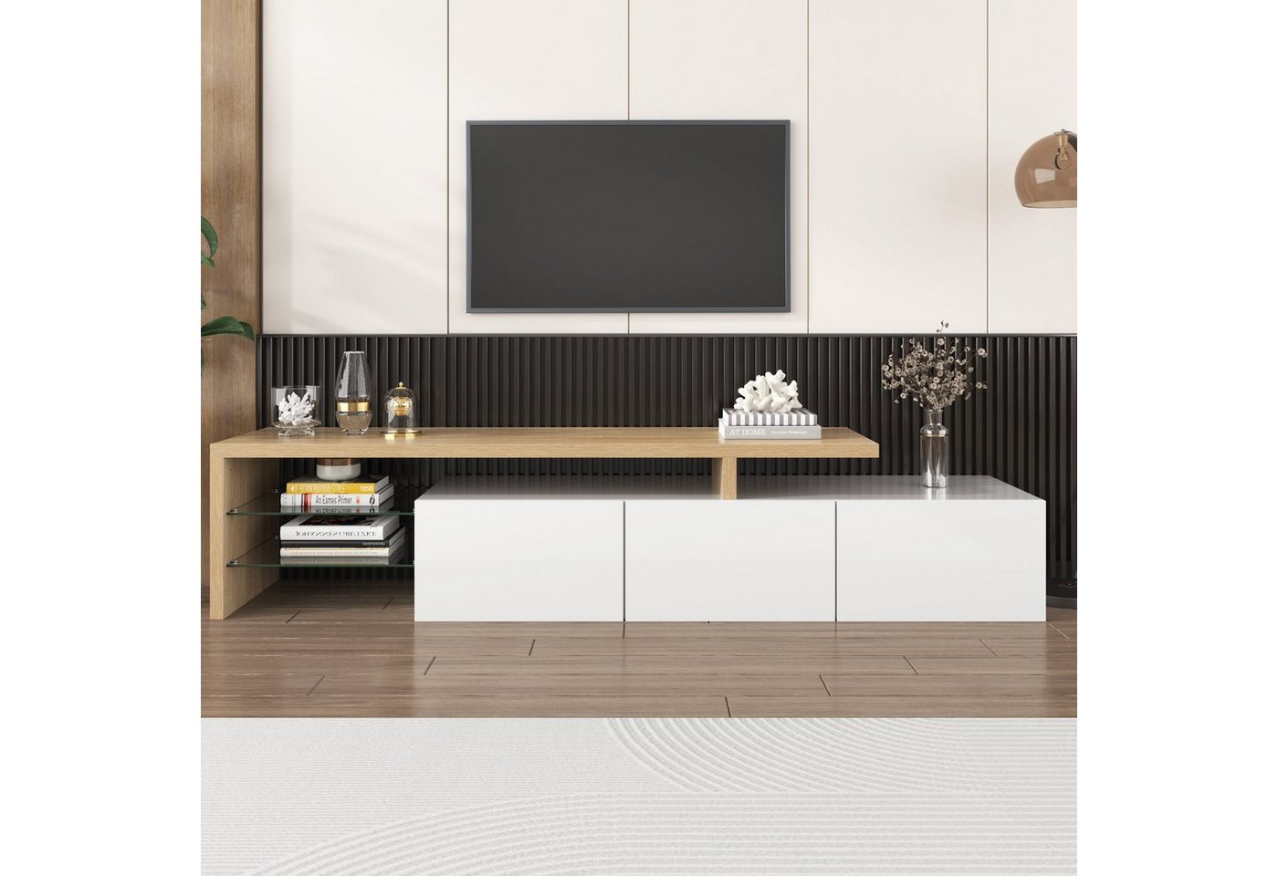 HAUSS SPLOE TV-Schrank TV-Lowboards TV Schrank Fernsehschrank TV-Tisch (LED-Beleuchtung, praktischer Stauraum) Glasböden, Hochglanz, weiß von HAUSS SPLOE