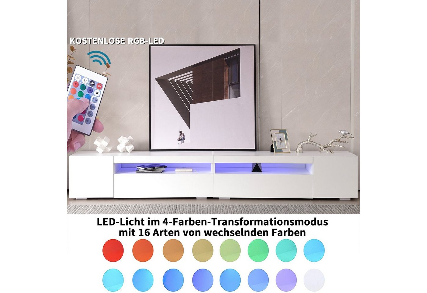 HAUSS SPLOE TV-Schrank TV-Lowboards TV Schrank Fernsehschrank TV-Tisch (Weiß) LED -Licht im 4 farben Transformationsmodus von HAUSS SPLOE