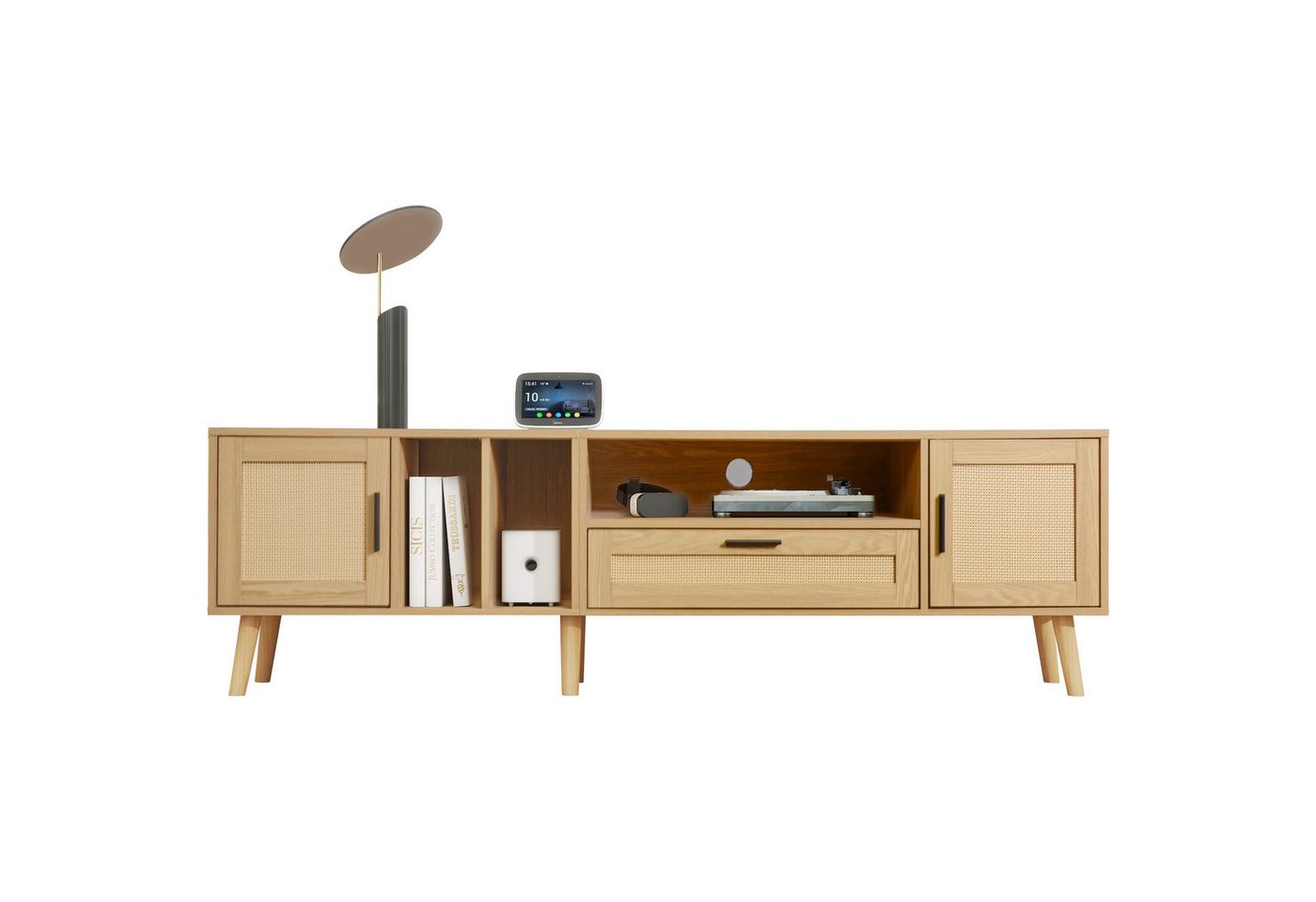 HAUSS SPOLE TV-Schrank mit 2 Rattantüren und Schublade, für 80-Zoll-Fernseher, Holzfarbe (für einen 80-Zoll-Fernseher) 180-cm-TV-Schrank von HAUSS SPOLE