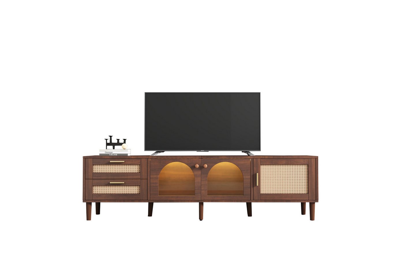 HAUSS SPOLE TV-Schrank mit 2 Schubladen, 3 Tür, LED-Beleuchtung, für 80-Zoll-Fernseher,braun von HAUSS SPOLE