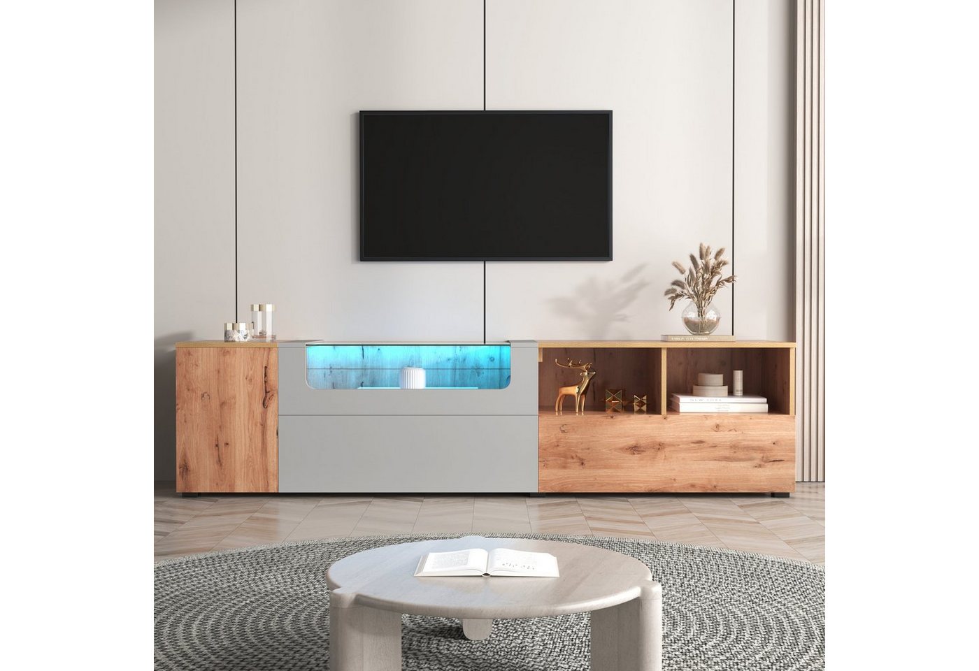 HAUSS SPLOE TV-Schrank mit LED-Leuchten und Glasplatte mit Fächern und Türen, Natur und Hellgrau von HAUSS SPLOE