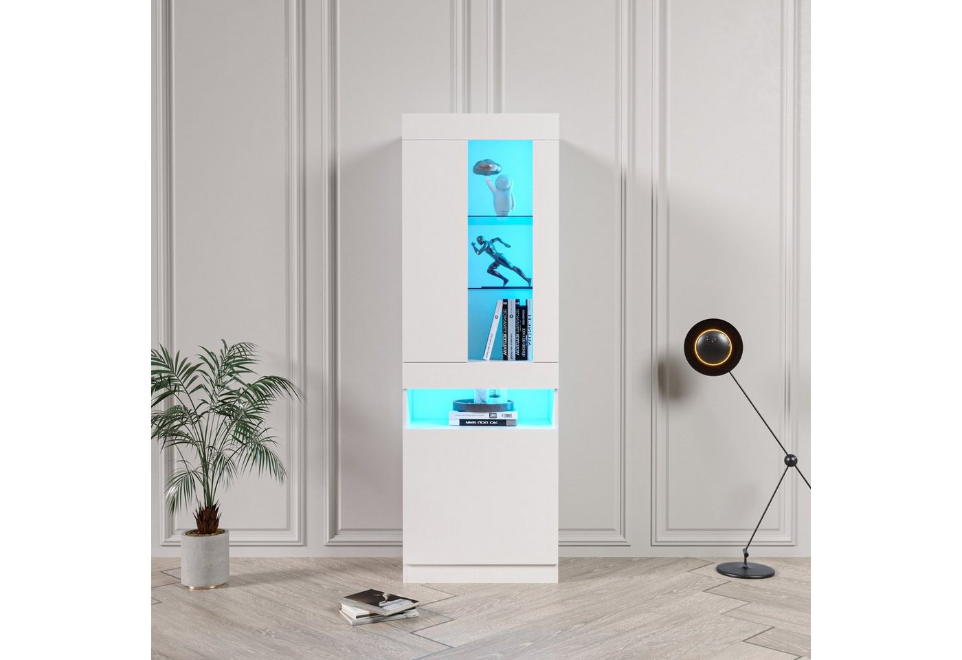 HAUSS SPLOE Vitrine Bücherschrank Aktenschrank Standvitrine (Standvitrine mit zwei Türen, großer Stauraum, Front-Hochglanzvitrine, Höhe: 182cm, 16-farbige LED-Lichtvitrine mit Glasböden) Vitrinen LED Schränke Buffet Schrank Hochregal Bücherregal von HAUSS SPLOE