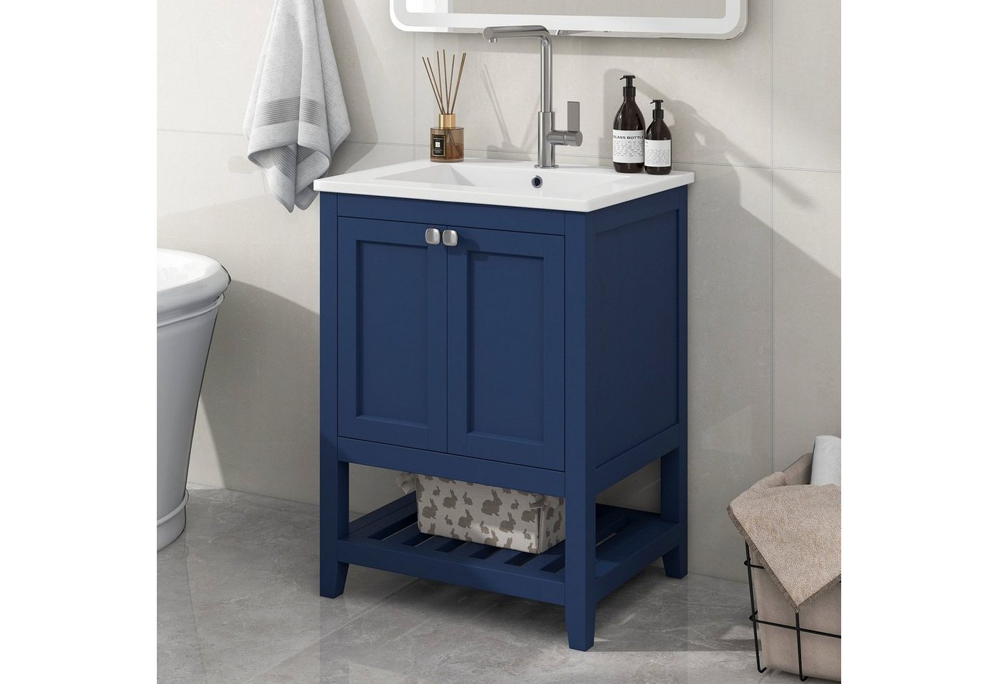 HAUSS SPLOE Waschtisch Einzel Waschtisch mit Unterschrank 60cm mit Keramik-Waschbecken,Blau von HAUSS SPLOE