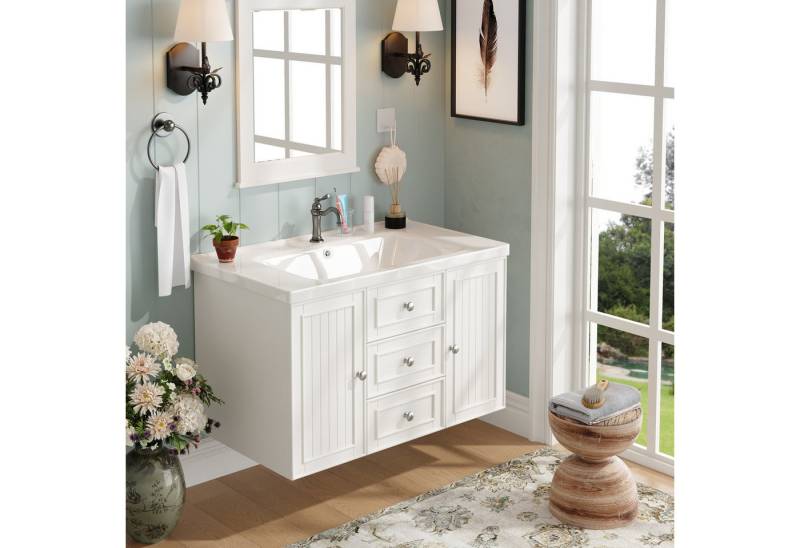 HAUSS SPOLE Badkommode Hängender Badezimmerschrank mit 3 Schubladen, Waschbecken, weiß (Waschbeckenunterschrank mit Keramikbecken, 3 Schubladen, Platzsparendes Wanddesign, Feuchtigkeitsbeständige MDF-Oberfläche, Modernes Badezimmermöbel., 78.5×46×46.8cm), mit 3 Schubladen von HAUSS SPOLE