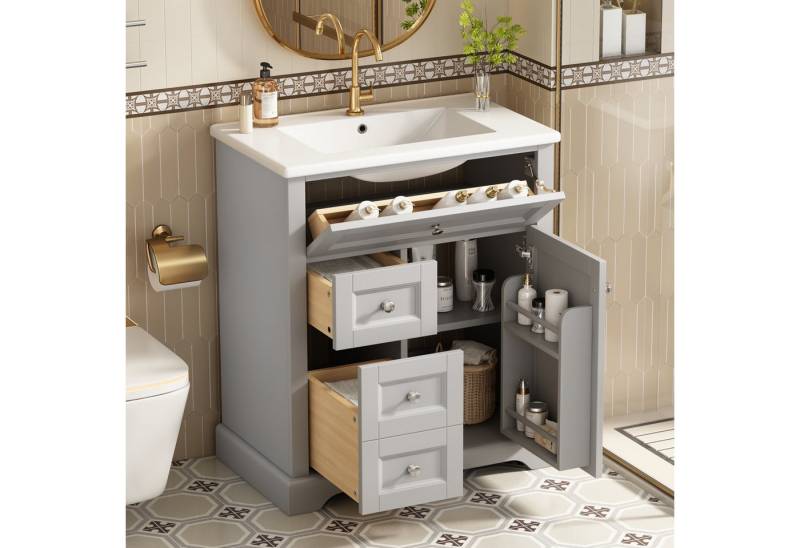 HAUSS SPOLE Badkommode grau Waschtisch mit Keramik-Waschbecke,Badezimmerschrank mit Schublade (Bodenstehender Badezimmerschrank mit Waschbecken, Soft-Close-Schubladen, feuchtigkeitsbeständig, verstellbare Ablagefläche, 76x46x87 cm, modernes Design), mit Waschbeck HAUSS SPOLE Badkommode grau Waschtisch mit Keramik-Waschbecke,Badezimmerschrank mit Schublade (Bodenstehender Badezimmerschrank mit Waschbecken, Soft-Close-Schubladen, feuchtigkeitsbeständig, verstellbare Ablagefläche, 76x46x87 cm, modernes Design), mit Waschbeck von HAUSS SPOLE