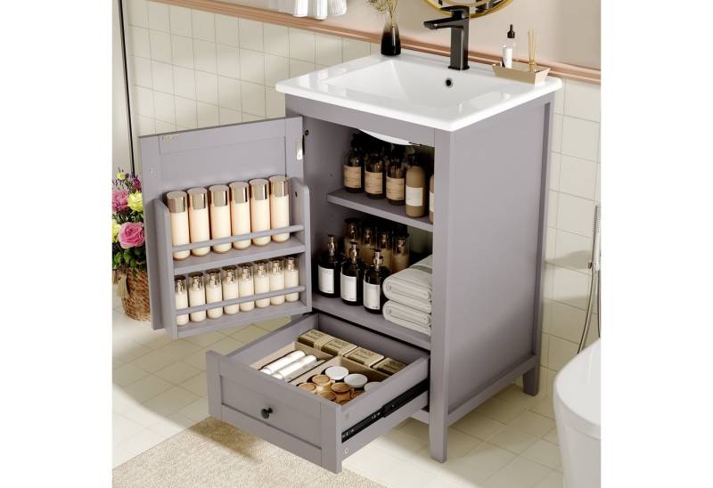 HAUSS SPOLE Badkommode grau mit schublade,Stehender Badezimmerschrank mit Keramik Waschbeck (51x46x85 cm Bodenstehender Badezimmerschrank – Feuchtigkeitsbeständig, Geräuschlose Schublade, Verstellbares Regal – Modernes Design mit Keramikwaschbecken), mit Waschbe von HAUSS SPOLE