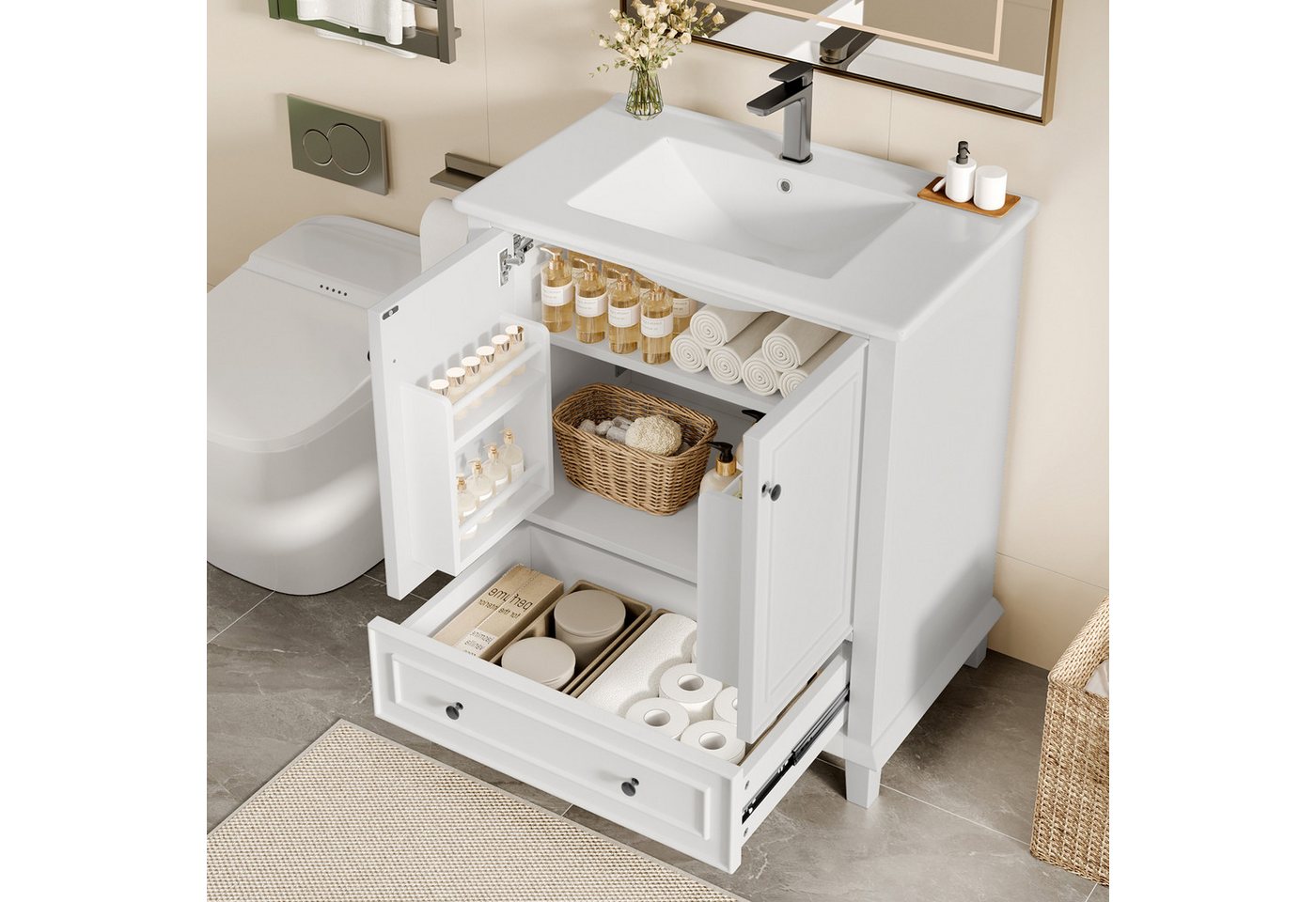 HAUSS SPOLE Badkommode weiß mit schublade,Stehender Badezimmerschrank mit Keramik Waschbeck (76x46x87cm Badezimmerschrank mit Massivholzbeinen und integriertem Keramikwaschbecken, feuchtigkeitsbeständig, großer Stauraum, moderne Badezimmermöbel), mit Waschbeck HAUSS SPOLE Badkommode weiß mit schublade,Stehender Badezimmerschrank mit Keramik Waschbeck (76x46x87cm Badezimmerschrank mit Massivholzbeinen und integriertem Keramikwaschbecken, feuchtigkeitsbeständig, großer Stauraum, moderne Badezimmermöbel), mit Waschbeck von HAUSS SPOLE