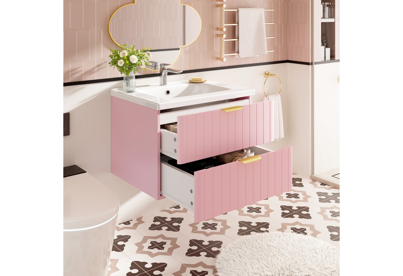 HAUSS SPOLE Badmöbel-Set Badschrank Rosa mit Keramikwaschbecken Badezimmerschrank mit Schublade HAUSS SPOLE Badmöbel-Set Badschrank Rosa mit Keramikwaschbecken Badezimmerschrank mit Schublade von HAUSS SPOLE