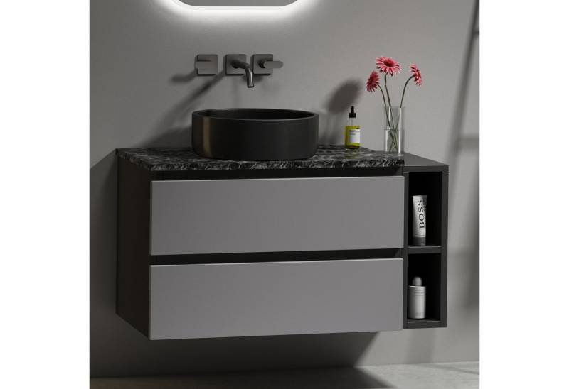 HAUSS SPOLE Badmöbel-Set Waschtisch Waschbeckenunterschrank hängend 80cm breit mit Schubladen, (Keramik Rundbecken Marmor-Arbeitsplatten, mit 2 offenen Fächern), glatten & wasserfesten, Leicht zu reinigendes & langlebiges von HAUSS SPOLE