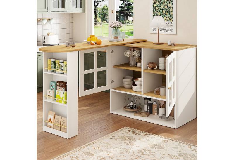 HAUSS SPOLE Bartisch 360° drehbare Essbar mit Snackregal, 5 Ablageflächen, Regalen und Glas (Stehtisch – Modernes Sideboard mit 5 Ablageflächen, ausziehbar auf 204 cm, Snackregal und Glasabdeckungen., 138-204 x 39 x 102.5 cm (L x B x H), mit Snackregal von HAUSS SPOLE