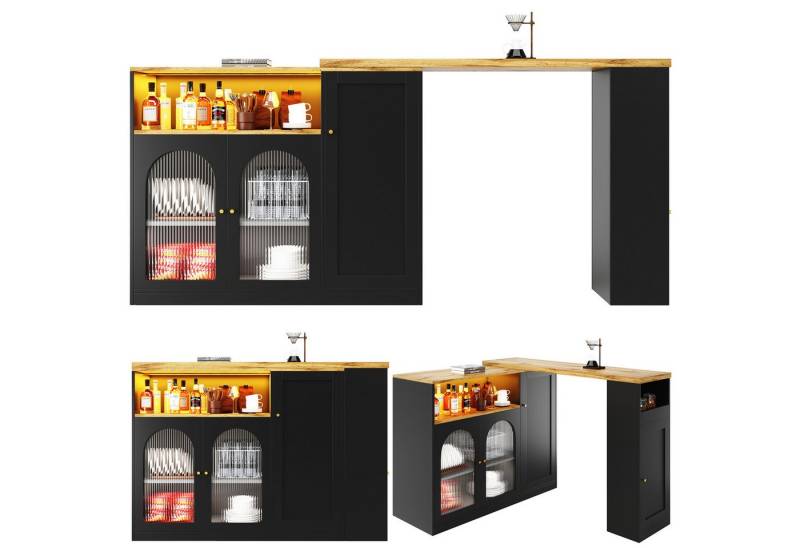 HAUSS SPOLE Bartisch 360° drehbarer Bartisch Schrank mit Glasschranktür, LED-Licht schwarz (Stehtisch Bistrotisch, Ausziehbarer Esstisch, 1-St., 4 Türen, 2 offene Fächer), mit Schreibtisch in Holzmaserung und LED-Licht von HAUSS SPOLE