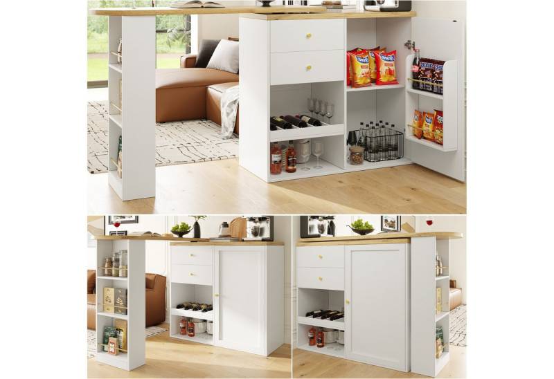 HAUSS SPOLE Bartisch 360° drehbarer Bartisch mit 2 Schubladen und Schiebetürschrank weiß (drehbar Sideboard, Esstisch, 2 Schubladen, 1 Tür und offene Fächer), 360° drehbare Essbar mit Schubladen und offener Stauraum von HAUSS SPOLE