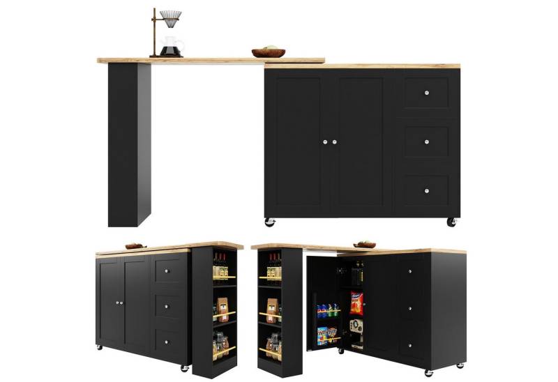 HAUSS SPOLE Bartisch 360° drehbarer Stehtisch mit drei Schubladen Snackhalter, für Küche (Anricht, Bistrotisch mit Rollen, Stauraum, 3 Schubladen, 2 Türen, 3 offener Fächer), mit Rollen, Snackregal, 138–209*39*104 cm von HAUSS SPOLE