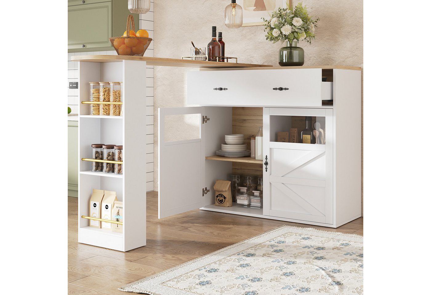 HAUSS SPOLE Bartisch Ausziehbarer 360° drehbare Essbar mit Regalen, Stauraum, weiß (Ausziehbarer Bartisch mit Stauraum, 360° Drehbar, Hochtisch mit Schubladen und Regalen., 138-204×39×104cm), 360° drehbare Essbar mit Stauraum von HAUSS SPOLE