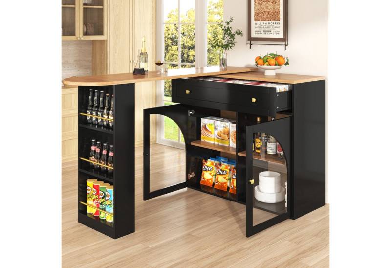 HAUSS SPOLE Bartisch Ausziehbarer 360° drehbare Essbar mit Regalen und Glas, Schwarz (Bartisch mit Stauraum (138-204×39×104 cm), 360° drehbar, modern & flexibel., 138-204×39×104cm), 360° drehbare Essbar von HAUSS SPOLE