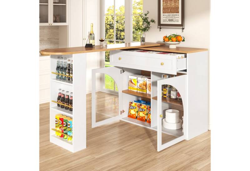 HAUSS SPOLE Bartisch Ausziehbarer 360° drehbare Essbar mit Regalen und Glas, weiß (Bartisch mit Stauraum (138-204×39×104 cm), 360° drehbar, modern & flexibel., 138-204×39×104cm), 360° drehbare Essbar von HAUSS SPOLE