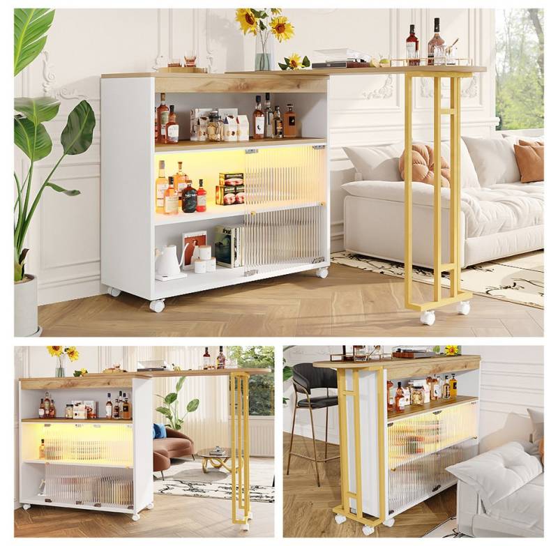 HAUSS SPOLE Bartisch Ausziehbarer Beweglicher Bartisch mit Stauraum, LED, Stehtisch Weiß (Ausziehbarer Stehtisch,Bistrotisch mit Stauraum, 2-St., Ausziehbare Länge: 138-204 cm), mit LED, drei Ebenen von Ablagefächern von HAUSS SPOLE