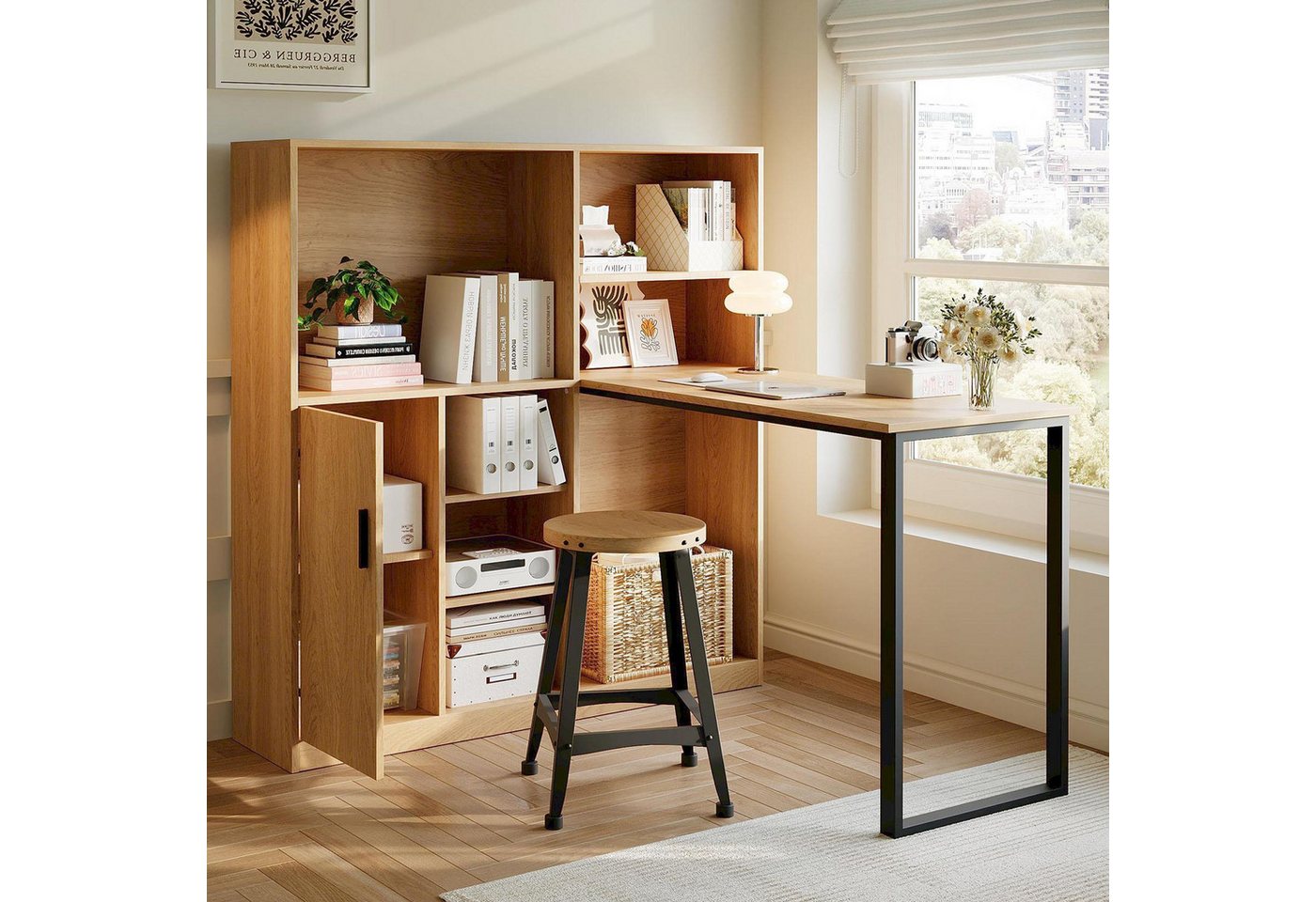 HAUSS SPOLE Bartisch Bürotisch l-form mit Regal,Moderner Computertisch Eckschreibtisch (Schrankschreibtisch, Arbeitstisch, 1-St., mit Regal, Schreibtisch), integrierte Ablagefächer und geschlossener Schrank von HAUSS SPOLE