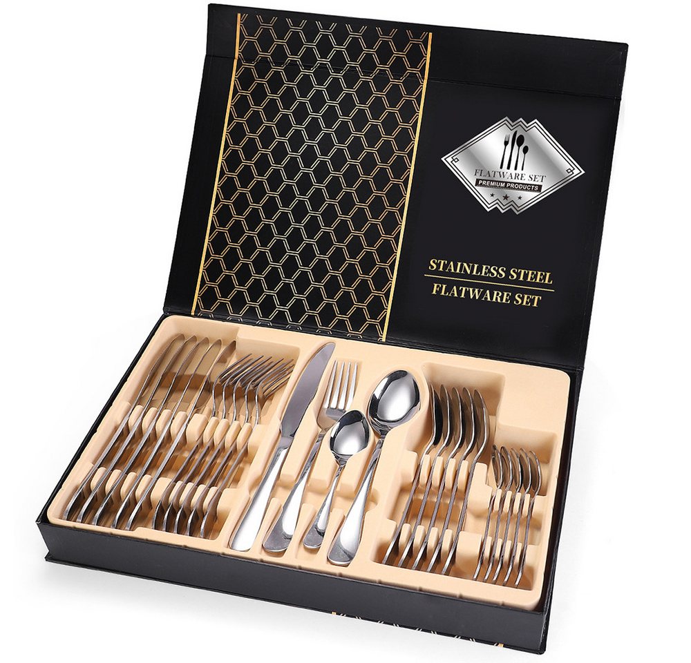 HAUSS SPOLE Besteck-Set Besteck-set Messer Tafelbesteck mit Box,Teelöffel Gabel Esslöffel (24-tlg), 6 Personen, Edelstahl, mit Messern Gabeln Löffeln Teelöffeln, rostfrei, spülmaschinenfest von HAUSS SPOLE