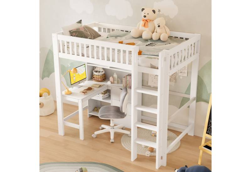 HAUSS SPOLE Bettgestell 90x200 mit Schreibtisch,Jugendbett Stauraumbett mit Geländer®al (Doppeltür mit Stauraum für Kleidung & Accessoires, Modernes Design, 70 x 40 x 170 cm) von HAUSS SPOLE