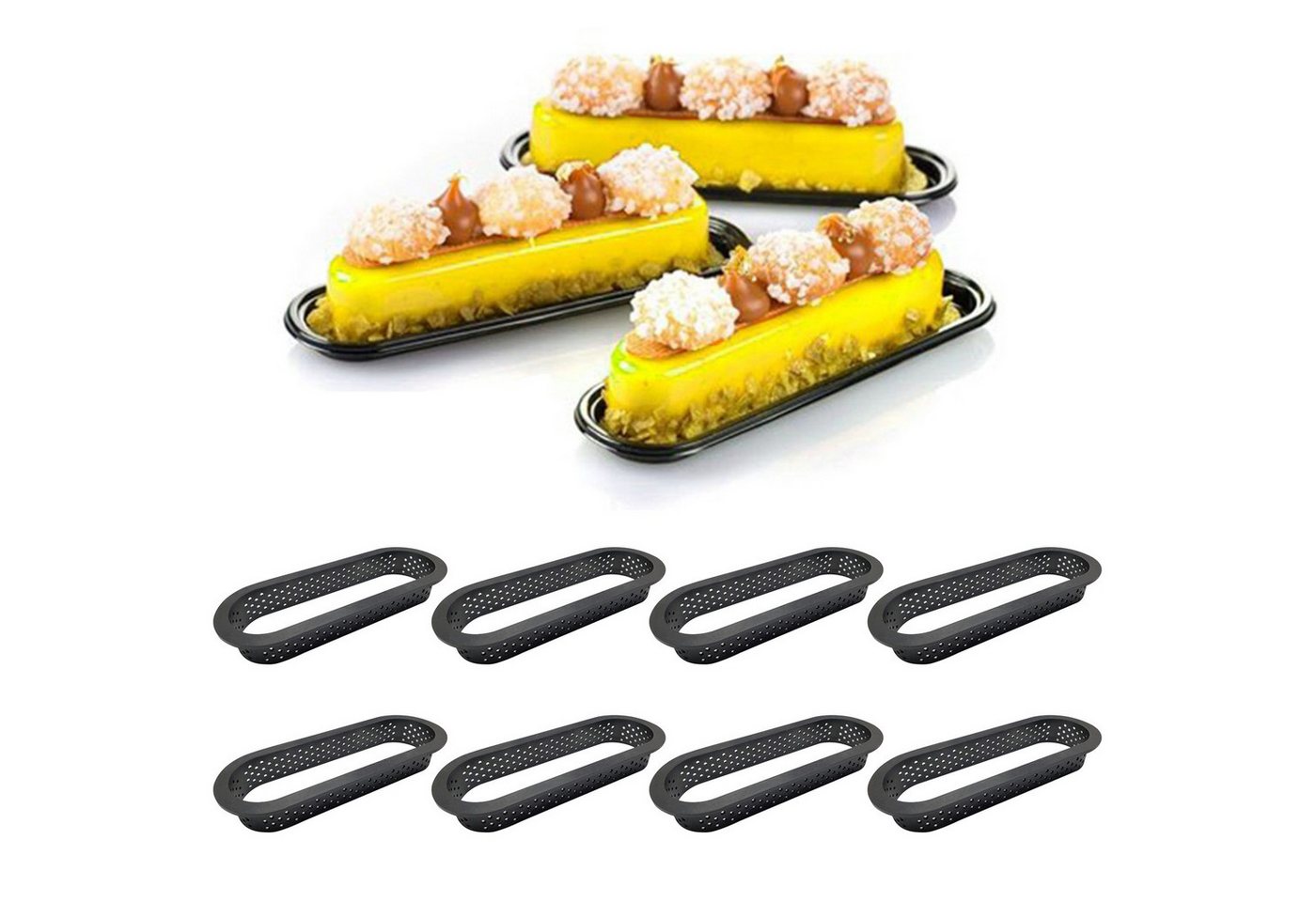 HAUSS SPOLE Brotbackform 8er Muffinform-set Süßspeisenform Rechteckig für Kuchen Dessertform, (perforierte Tarte‑ & Kuchenringe oval 8-tlg), Profi Backzubehör für Tartes Quiche Mini‑Kuchen Pies Cheesecake von HAUSS SPOLE