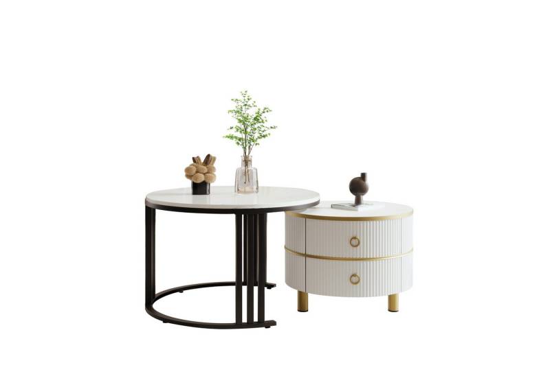 HAUSS SPOLE Couchtisch 2-in-1 runder Couchtisch mit glänzender Platte, 2 Schubladen, Weiß (Beistelltisch mit glänzender Platte und 1 weißer Marmorplatte, 2-St., Couchtisch Mit 2 Schubladen), 70*70*45+50*50*40 cm von HAUSS SPOLE