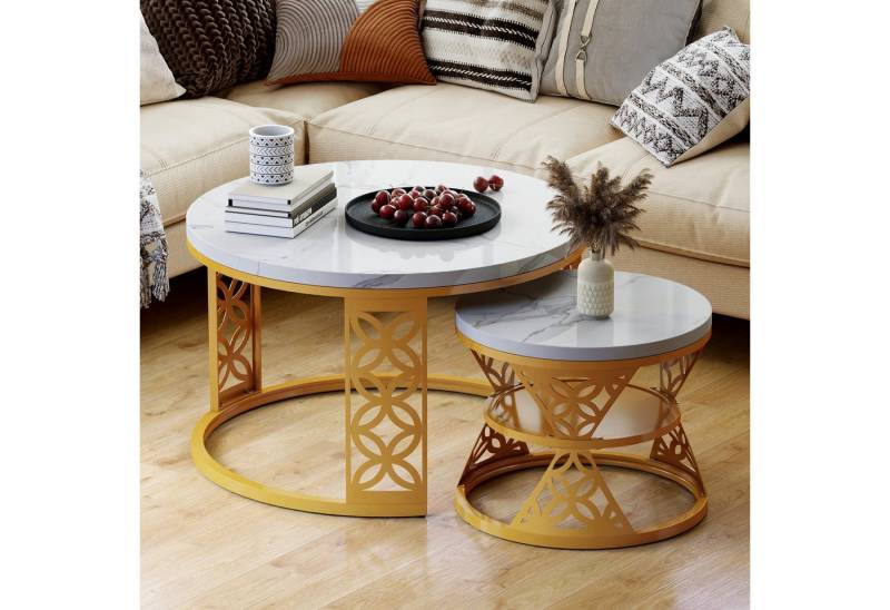 HAUSS SPOLE Couchtisch 2-teiliges Beistelltisch-Set aus MDF und stabilem Metallrahmen (Satztisch Wohnzimmertisch, 2-St., für verschiedene Wohnstile), Ausgehöhltes Design von HAUSS SPOLE