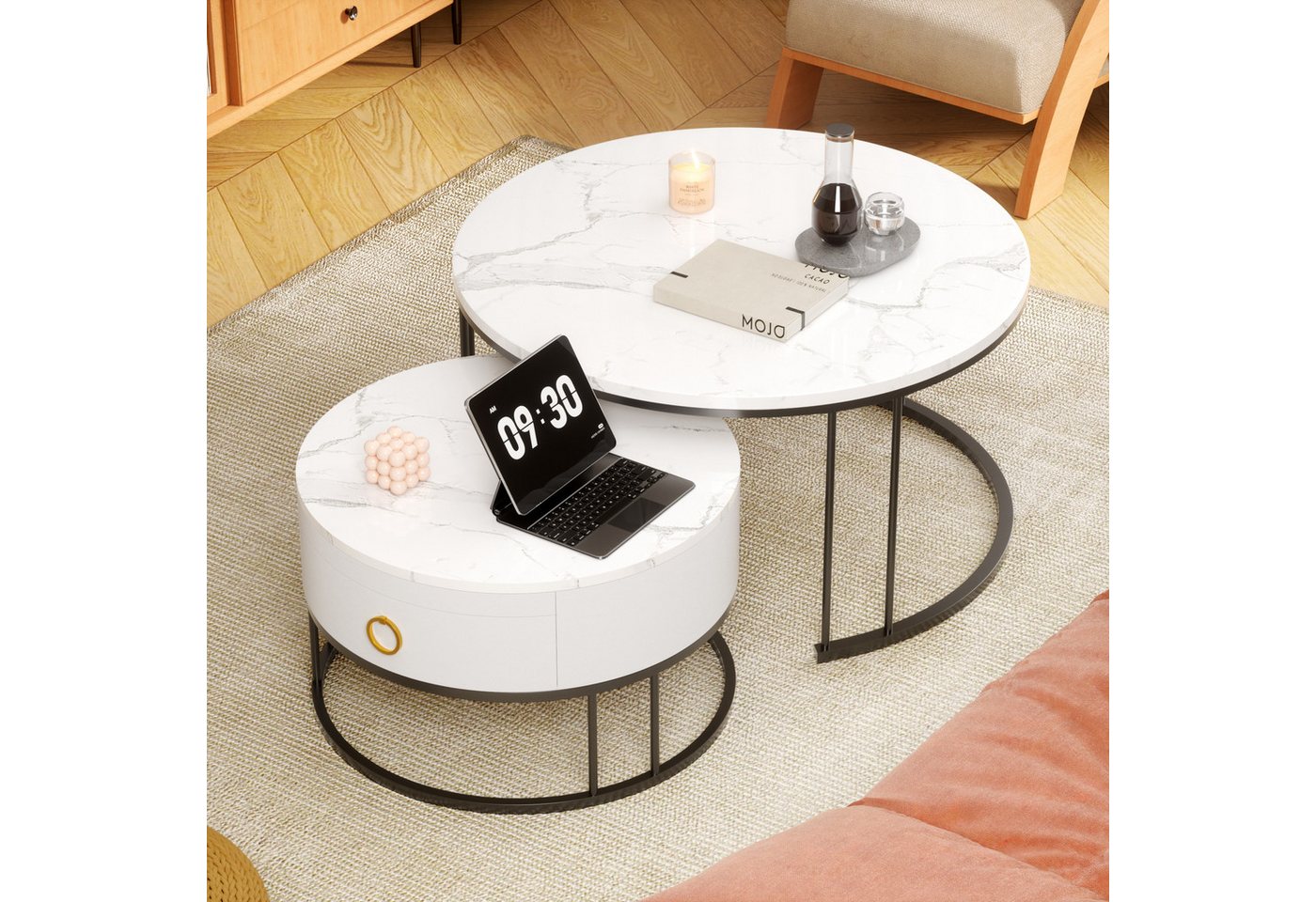 HAUSS SPOLE Couchtisch 2er-Satztisch Beistelltisch stapelbarer Sofatisch mit Stabiler Rahmen (elegantem Design, 2-St., Stabiler Eisenrahmen & leicht zu reinigende Schiefer-Tischplatte), Ideal für Wohnzimmer & Büro, Platzsparendes stapelbares Design von HAUSS SPOLE