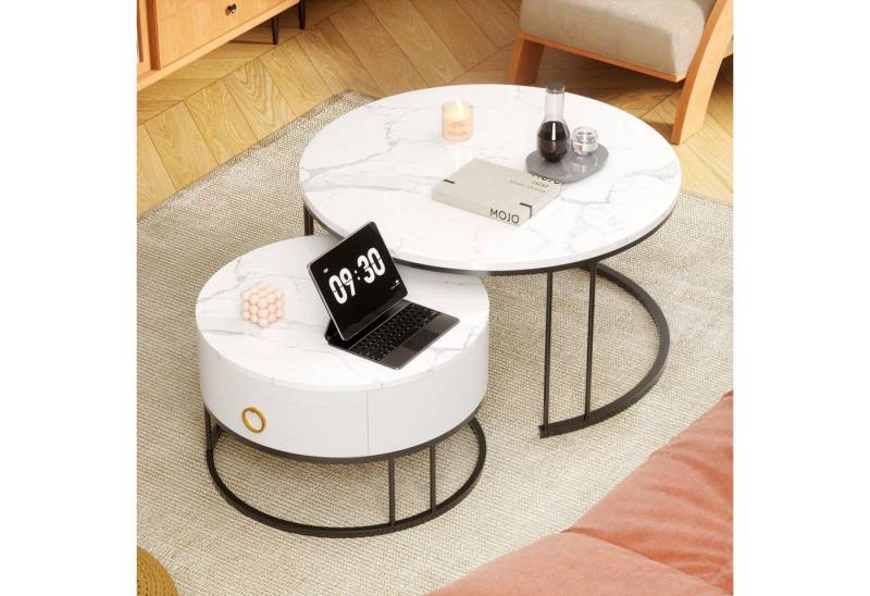 HAUSS SPOLE Couchtisch 2er-Satztisch Beistelltisch stapelbarer Sofatisch mit Stabiler Rahmen (elegantem Design, 2-St., Stabiler Eisenrahmen & leicht zu reinigende Schiefer-Tischplatte), Ideal für Wohnzimmer & Büro, Platzsparendes stapelbares Design von HAUSS SPOLE