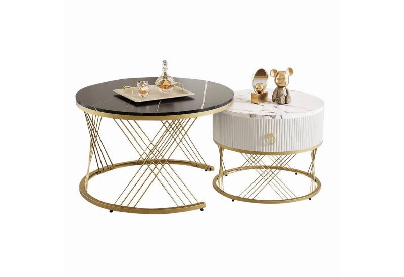 HAUSS SPOLE Couchtisch 2er-Set, Beistelltisch mit Schubladen Golddekor, Metallfüße Schwarz (2 in 1 Runder Couchtisch aus MDF, 2-St), Beistelltisch mit Schublade von HAUSS SPOLE