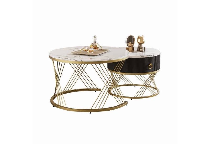 HAUSS SPOLE Couchtisch 2er-Set, Beistelltisch mit Schubladen Golddekor, Metallfüße Weiß (2 in 1 Runder Couchtisch aus MDF, 2-St), Beistelltisch mit Schublade von HAUSS SPOLE