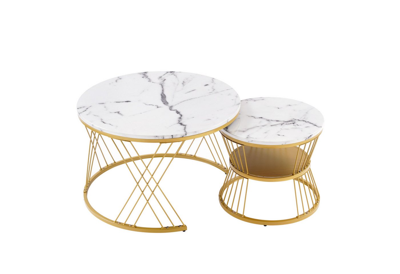 HAUSS SPOLE Couchtisch 2er Set Hochglanz Runde Endtische mit Goldene Farbe Frame, Weiß von HAUSS SPOLE