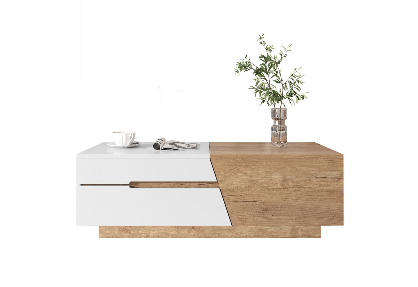 HAUSS SPOLE Couchtisch Ausziehbarer Couchtisch, mit Schubladen, Farbblockstruktur Weiß,natur (Beistelltisch, 1-St., 120*50*37,5cm), mit Verstecktem Stauraum und Schubladen,Einzigartigem Schiebedesign von HAUSS SPOLE