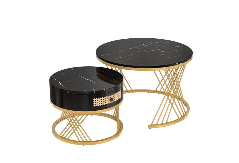 HAUSS SPOLE Couchtisch Couchtisch Satztische Satz rund Kaffeetisch 2er Set (Sturmbare Struktur Für Stabilität Und Haltbarkeit Einfach Zu Montieren), Satz von 2, Goldene Farbe Frame von HAUSS SPOLE