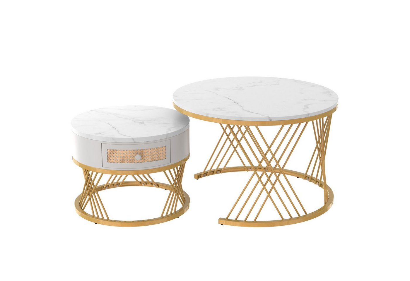 HAUSS SPOLE Couchtisch Couchtisch Satztische Satz rund Kaffeetisch 2er Set (Sturmbare Struktur Für Stabilität Und Haltbarkeit Einfach Zu Montieren), Satz von 2, Goldene Farbe Frame von HAUSS SPOLE