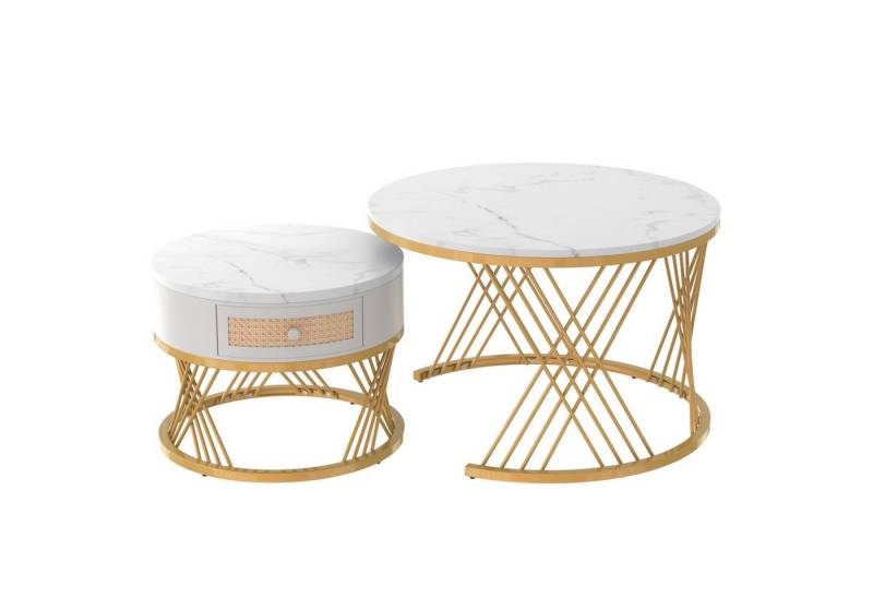 HAUSS SPOLE Couchtisch Couchtisch Satztische Satz rund Kaffeetisch 2er Set (Sturmbare Struktur Für Stabilität Und Haltbarkeit Einfach Zu Montieren), Satz von 2, Goldene Farbe Frame von HAUSS SPOLE