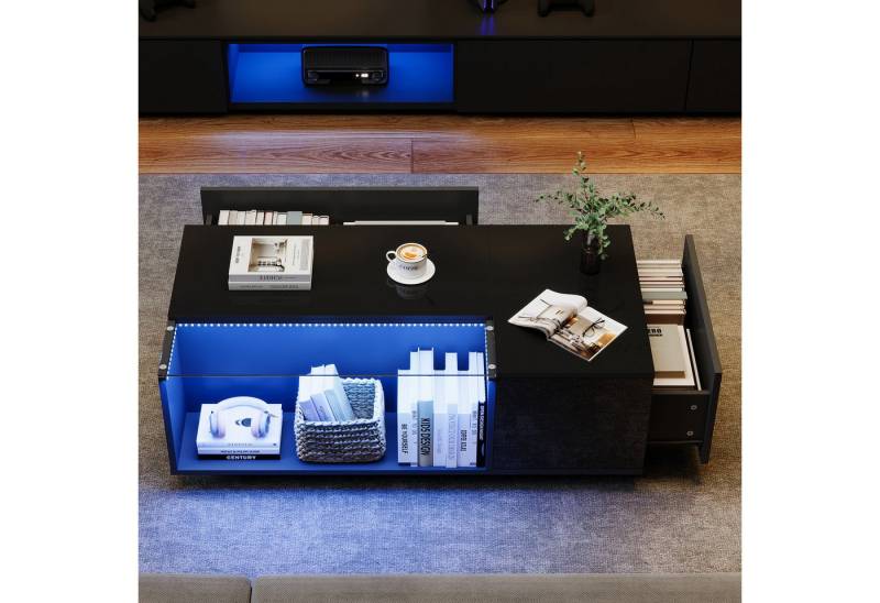 HAUSS SPOLE Couchtisch Couchtisch mit LED,gehärtetes Glas,2 Schubladen,Beistelltisch,Schwarz (Packung, 1-St., 1 Tisch), 100 x 50 x 35 cm von HAUSS SPOLE