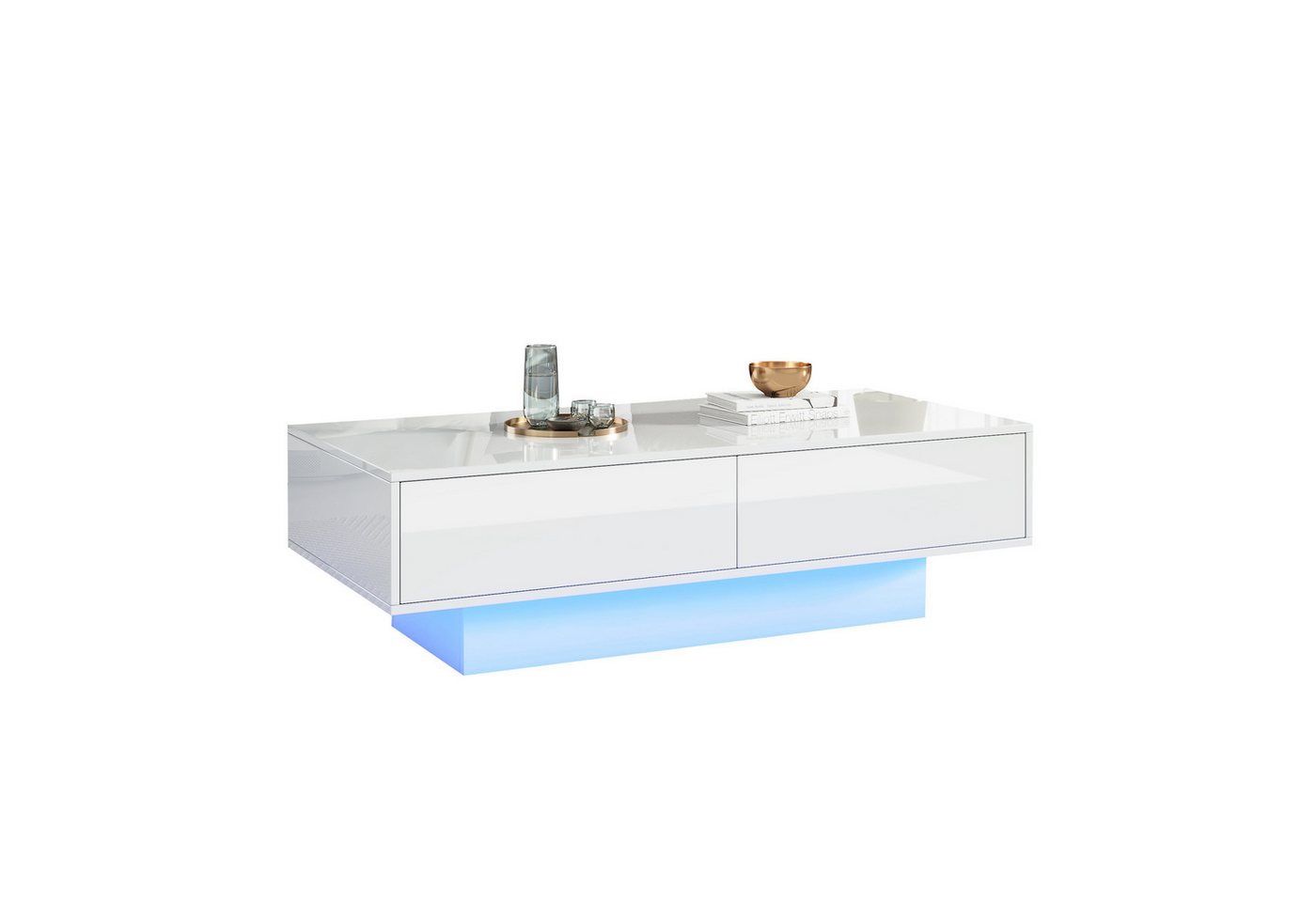 HAUSS SPOLE Couchtisch Hochglanz Couchtisch in Weiß, mit 2 Schubladen, LED-Beleuchtung (Wohnzimmertisch, Beistelltisch mit Glasplatte, 1-St., 2 Schubladen), 30kg Tragkraft, 115*55*34 cm von HAUSS SPOLE