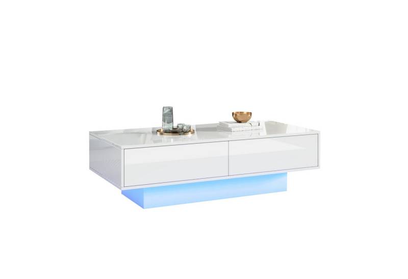 HAUSS SPOLE Couchtisch Hochglanz Couchtisch in Weiß, mit 2 Schubladen, LED-Beleuchtung (Wohnzimmertisch, Beistelltisch mit Glasplatte, 1-St., 2 Schubladen), 30kg Tragkraft, 115*55*34 cm von HAUSS SPOLE