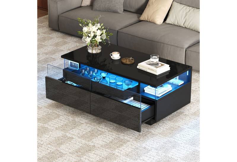 HAUSS SPOLE Couchtisch Hochglanz-Couchtisch mit 2 Schubladen, mit Tablett, LED-Licht, Schwarz (Beistelltisch, Kaffeetisch, 1-St., 2 Schubladen), Hochglanz, mit LED-Licht von HAUSS SPOLE