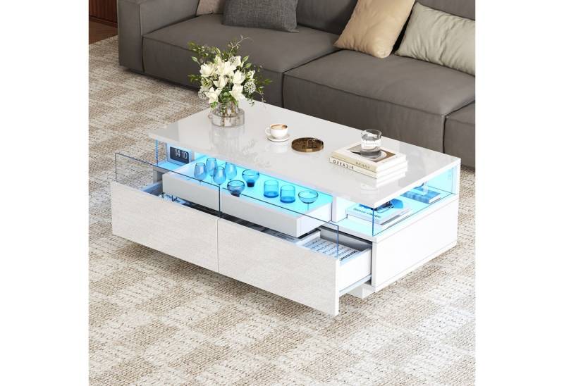 HAUSS SPOLE Couchtisch Hochglanz-Couchtisch mit 2 Schubladen, mit Tablett, LED-Licht, Weiß (Beistelltisch, Kaffeetisch, 1-St., 2 Schubladen), Hochglanz, mit LED-Licht von HAUSS SPOLE