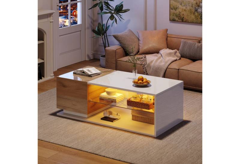 HAUSS SPOLE Couchtisch Hochglanz Couchtisch mit LED-Lichtleiste, Kaffeetisch mit Stauraum von HAUSS SPOLE