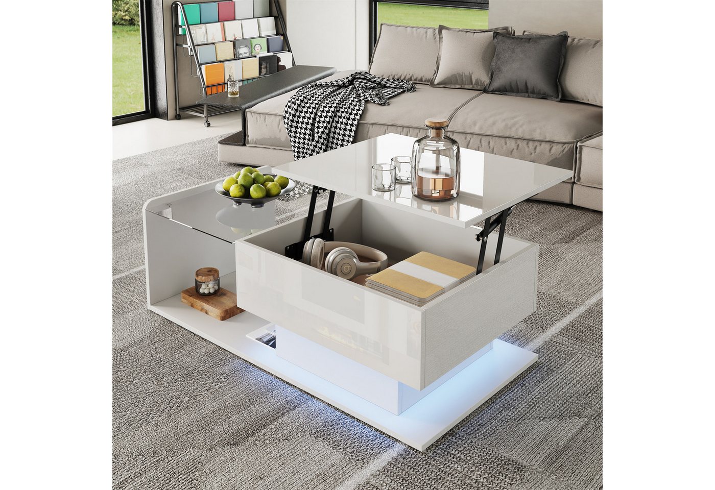 HAUSS SPOLE Couchtisch Hochglanz Weiß, Beistelltisch mit Glas und LED-Licht, Glasplatte (Beistelltisch, Wohnzimmertisch, 1-St., mit LED-Lichtleiste), Verstellbare Tischplatte + Glasplatte von HAUSS SPOLE