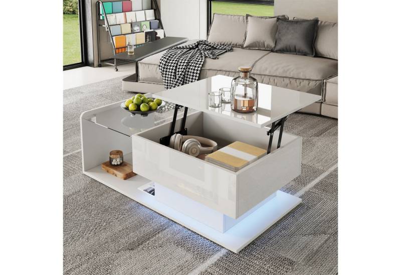 HAUSS SPOLE Couchtisch Hochglanz Weiß, Beistelltisch mit Glas und LED-Licht, Glasplatte (Beistelltisch, Wohnzimmertisch, 1-St., mit LED-Lichtleiste), Verstellbare Tischplatte + Glasplatte von HAUSS SPOLE