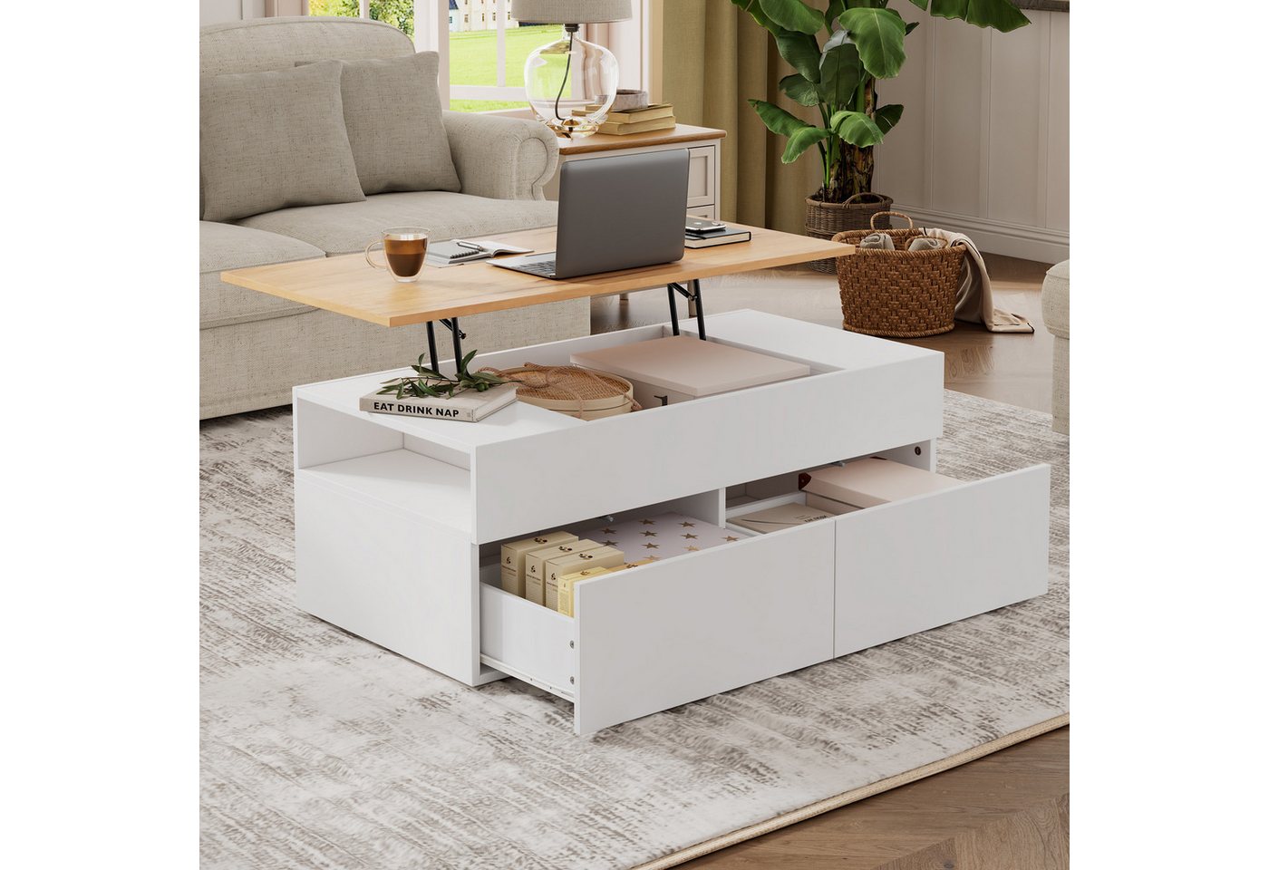 HAUSS SPOLE Couchtisch Höhenverstellbarer Kaffeetisch mit 2 schubladen, halboffenem Stauraum (Satztisch, Wohnzimmertisch, 1-St., 2 schubladen), Verstecktem und halboffenem Stauraum von HAUSS SPOLE