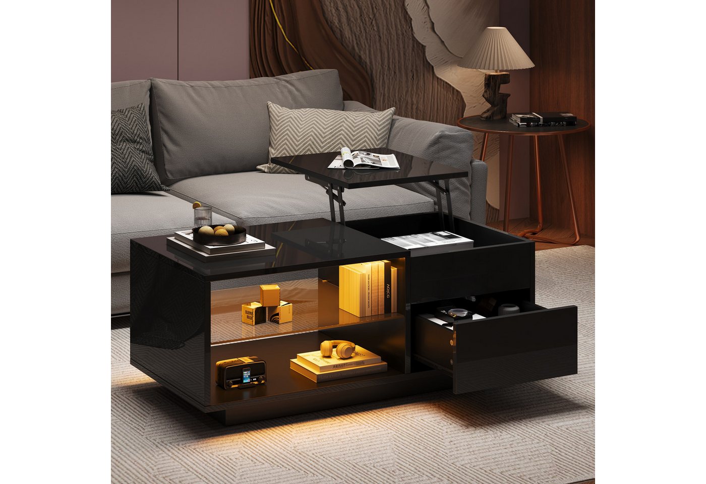 HAUSS SPOLE Couchtisch Höhenverstellbarer Sofatisch mit LED, 1 Schublade, Trennwand Hochglanz (Satztisch, Beistelltisch Sofatisch, 1-St., Hochglanz, 1 Schublade), mit Trennwand aus gehärtetem Glas und verstecktem Stauraum von HAUSS SPOLE
