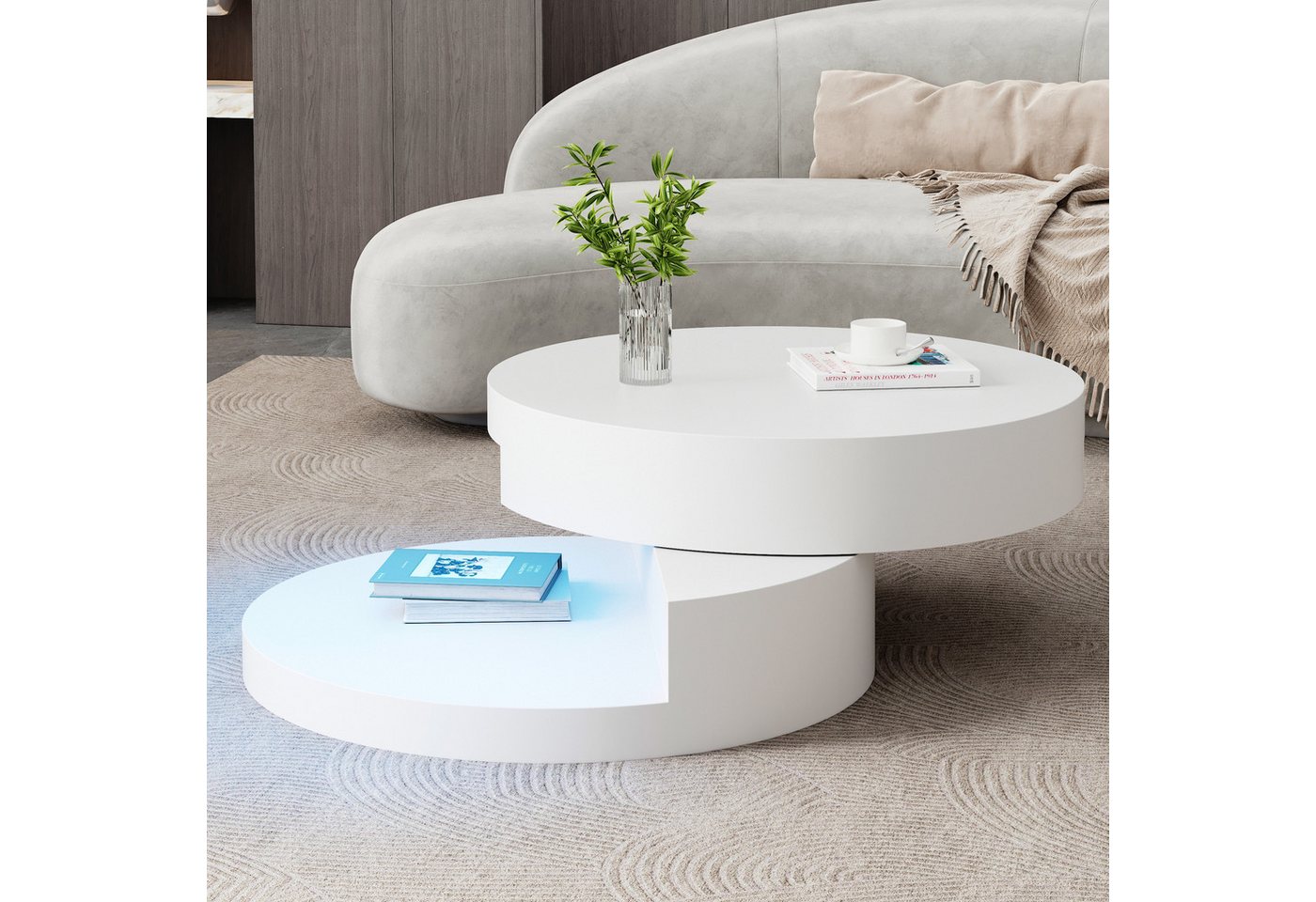HAUSS SPOLE Couchtisch Obere Tischplatte 360° frei drehbar, mit LED-Lichtleiste, Weiß (Satztisch, 1-St., Doppelschichtiger Sofatisch), Obere Tischplatte 360° frei drehbar von HAUSS SPOLE