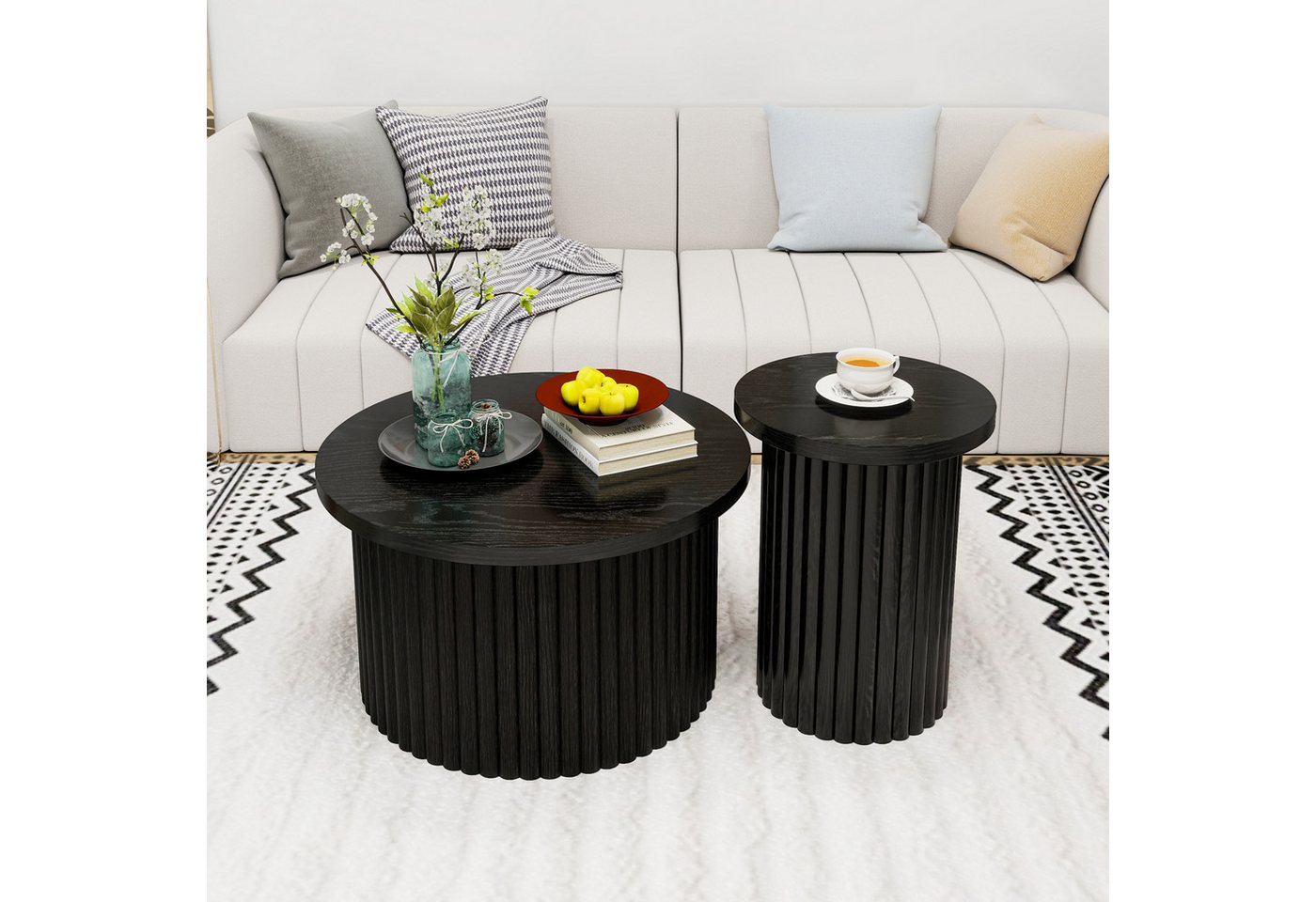 HAUSS SPOLE Couchtisch Rund 2er-Set Wohnzimmertisch holz,Beistelltisch mit Stauraum,schwarz (Runder Beistelltisch im 2er-Set – Naturholzoptik mit Wellenstruktur, Klappdeckel & Stauraum, 2-St., Kratzfest & Stabil) HAUSS SPOLE Couchtisch Rund 2er-Set Wohnzimmertisch holz,Beistelltisch mit Stauraum,schwarz (Runder Beistelltisch im 2er-Set – Naturholzoptik mit Wellenstruktur, Klappdeckel & Stauraum, 2-St., Kratzfest & Stabil) von HAUSS SPOLE